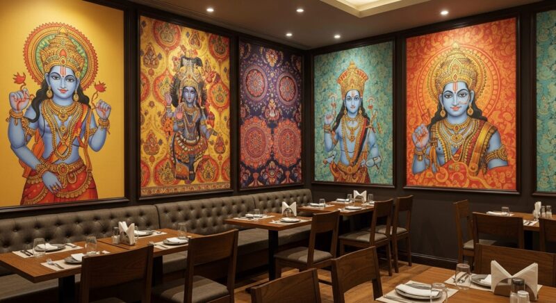 インド料理店の空間演出に最適な壁紙印刷事例:神秘と彩りに満ちた壁面デザイン