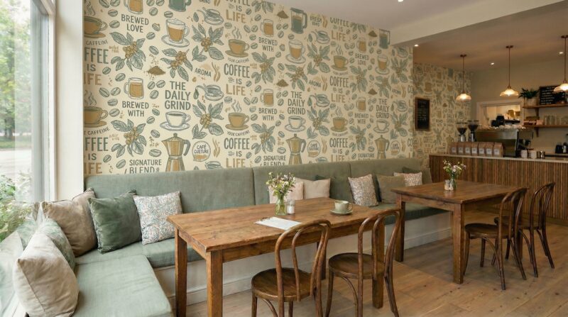 カフェの壁紙印刷事例 – コーヒーの世界観を演出する店舗内装