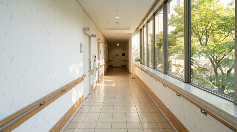 クリニック廊下の壁紙印刷事例 – 明るく開放的な医療空間